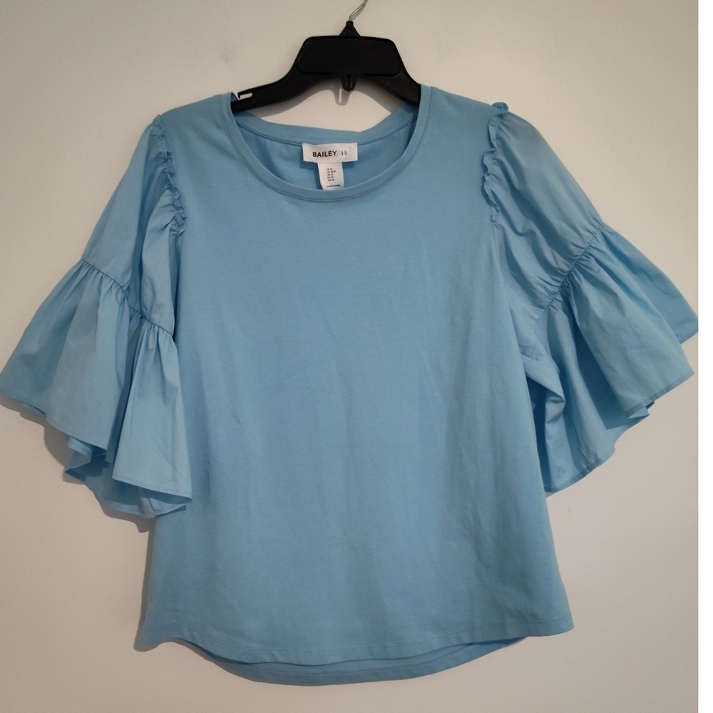Bailey 44 Womens Light Blue Ruffle Bell Sleeve Crew Neck Top Size M NWT